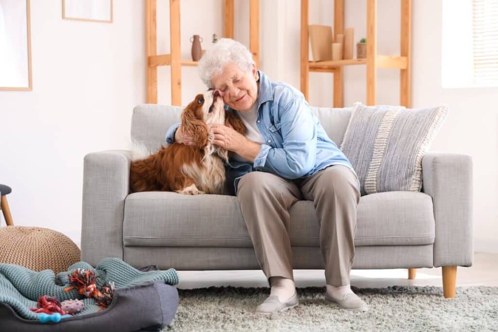 Older woman petting her little dog