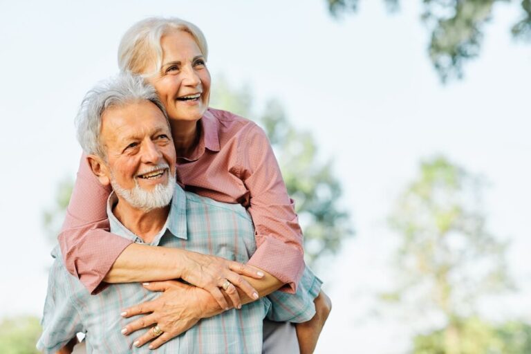 Happy older adults in a senior living community in New Braunfels during summer